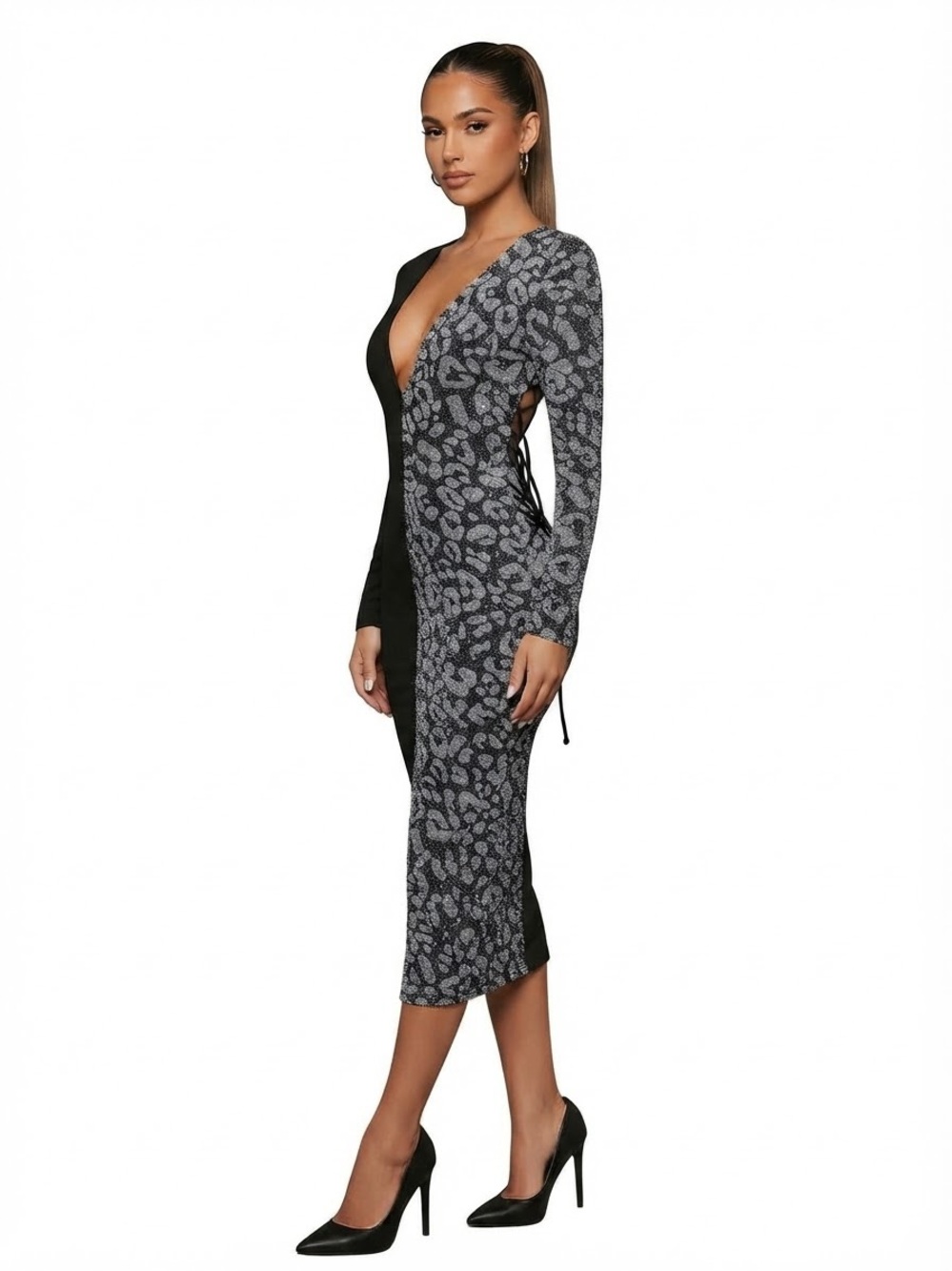 NWT Laqueen Black & Silver Sparkle Leopard Half-and-Half Midi Dress Size L